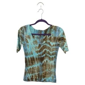 Hard Tail Tie-Dye V-Neck Short Sleeve Top - Aqua & Brown